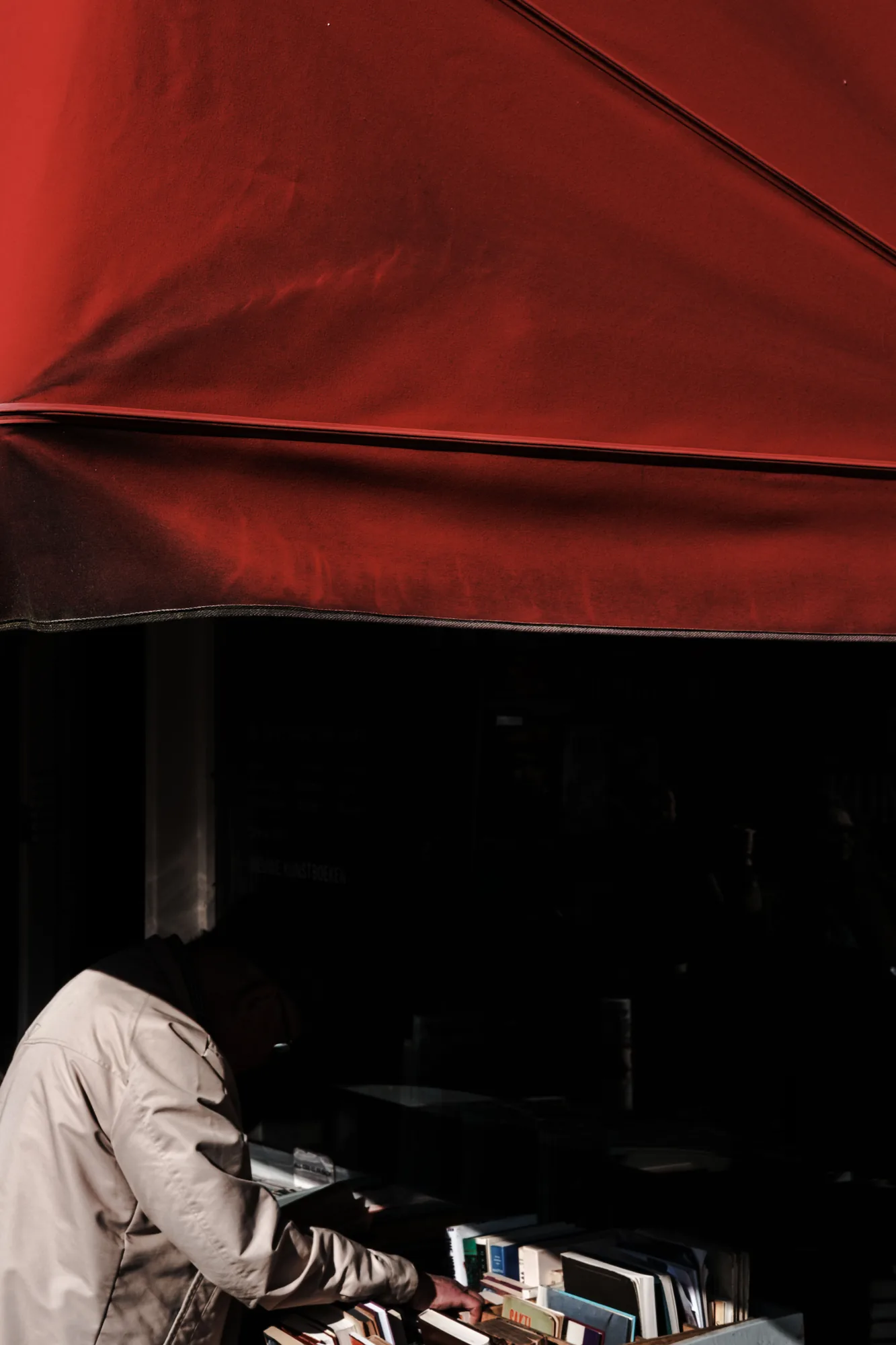 A deep red market awning above a figure browsing books in the shadow beneath